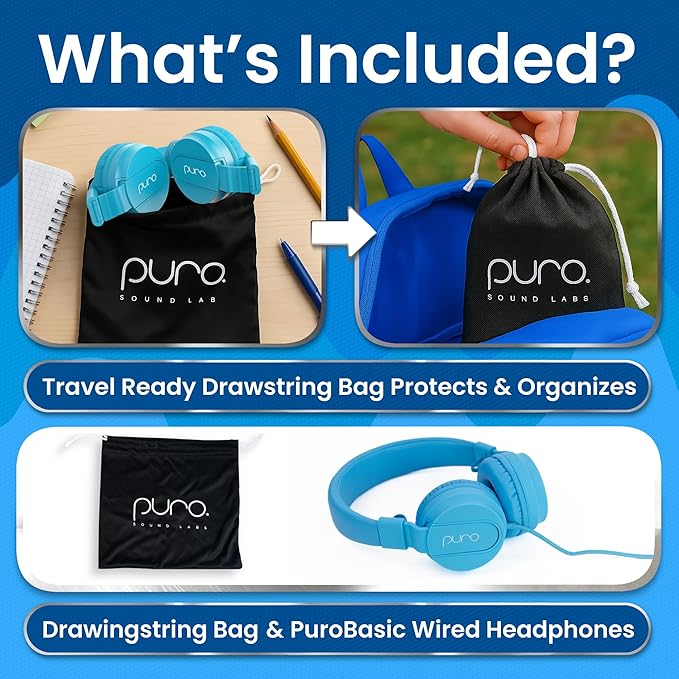 Puro Sound Labs Wired Headphones for Kids - Volume-Limiting, Adjustable Mic & Compatible with Smartphones, Tablets & PCs – Safe, Durable Kids Headphones for School & Travel – PuroBasic, Blue & Green