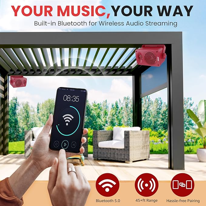 Pyle 200 Watt Bluetooth Indoor Outdoor Speakers Pair - Dual Waterproof 3.5” 2-Way Full Range Speaker System w/ 1/2” High Compliance Polymer Tweeter | Home, Boat, Marine, Deck, Patio, Poolside (Red)