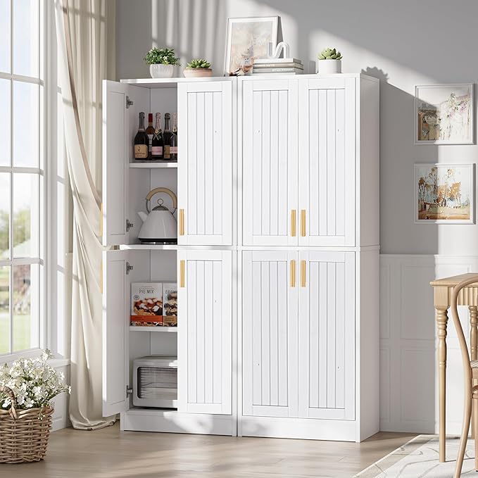 Kitchen Pantry Cabinet, Tall Storage Cabinet with Adjustable Shelves and 4 Doors, Farmhouse Freestanding Cupboard Hutch for Dining Room Living Room, Laundry, White