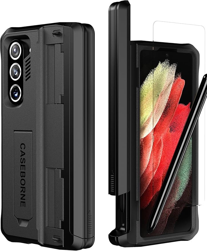 CaseBorne V Compatible with Samsung Galaxy Z Fold 5 Case - Full Body with Hinge Protection Cover, [Tempered Glass Screen Protector], Kickstand and S Pen Holder, [Recycled Materials] Black