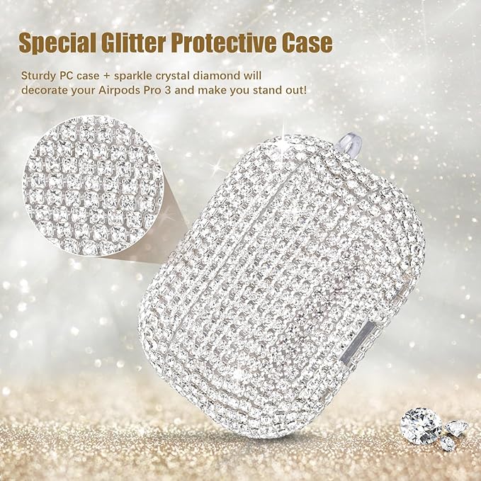 Case for Apple Airpods Pro 3 Case Cover 2025, VISOOM Bling Jewerly Airpods iPods Pro3 Cases Cute Glitter Diamond Airpod iPod Pro3 Cases Rhinestone AirPods iPods Pro 3rd Gen Cas with Keychain for Women