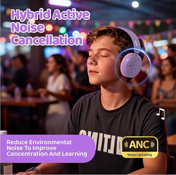 MIDOLA Kids Headphones Active Noise Cancelling Wireless Bluetooth 5.4 Volume Limited 85/94dB Foldable Over Ear,Headset with Mic Type C Charging for Boy Girl Toddler Child Pad Tablet Lavender Purple