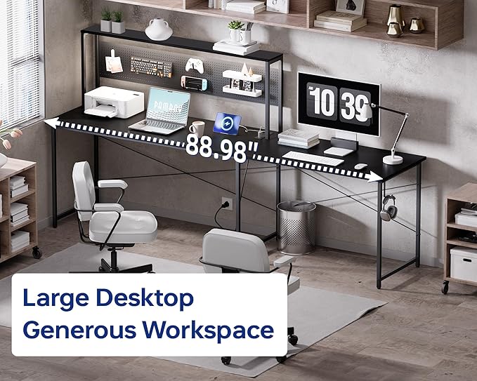 Pamray 60 Inch L Shaped Gaming Desk with LED Lights and Power Outlets Reversible Corner Computer Desk with Pegboard Storage Shelves Home Office Table for Work Study Black