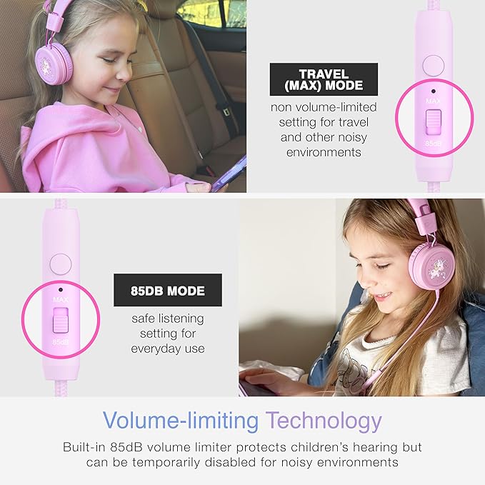 MEE audio KidJamz KJ55 Wired Children’s Headphones with 3.5mm Plug, Colorful Graphics, Volume Limiter & Microphone, Adjustable On-Ear Kids Headset for Online Learning/School/Travel/Tablet (Pink)