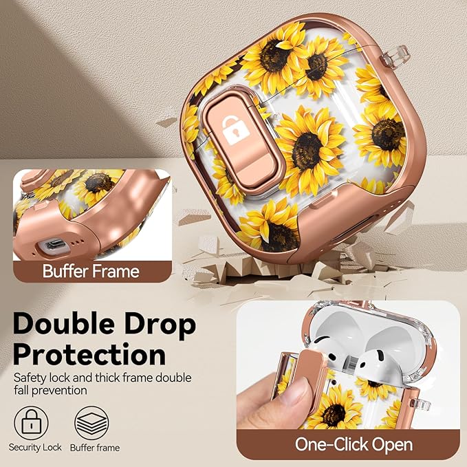 for AirPods 4 Case, with Safty Lock & Phone Stand for Floral AirPods 4th Generation Case Cover for Women Girly, iPod 4 Case with Keychain & Cleaner Kit - Yellow Sunflower