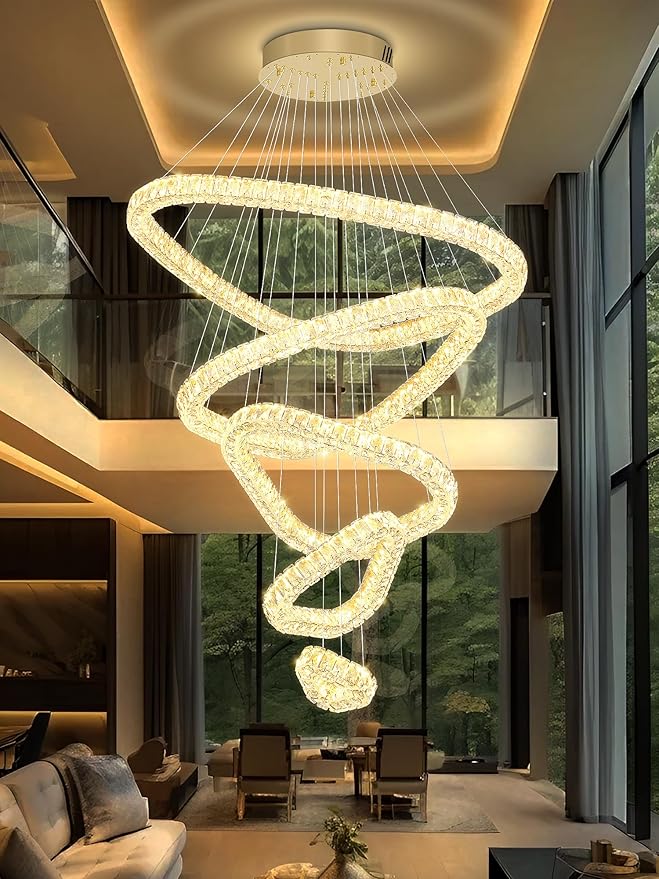 Flashing God H118 Modern Large Chandelier for Foyer 5 Rings Crystal Chandelier Stairway Chandeliers LED Dimmable Crystal Pendant Light for Living Room Entrance Hallway Gold