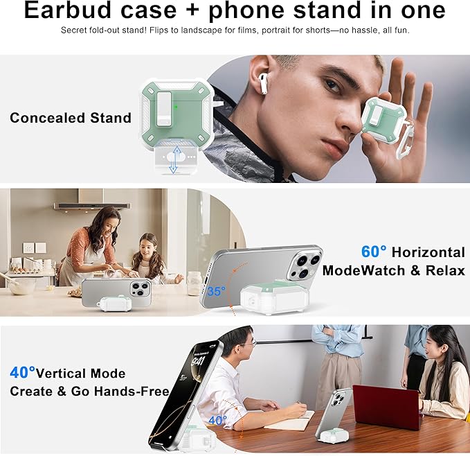 RFUNGUANGO for AirPods 4 Case, Compatible with AirPods 4th Generation Protective Case with Phone Stand & Cleaning Kit, Magnetic Automatic Lock, Compatible with MagSafe,Mint Green