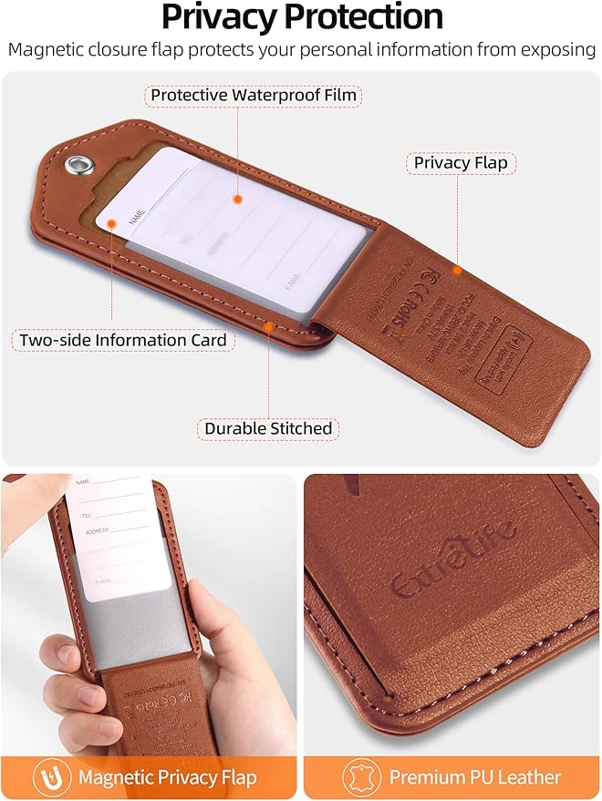 Luggage Tags, Works with Apple Find My, Smart Luggage Tag for Suitcases, Leather Bag Tags for Travel, Suitcase Tag with Privacy Flap, Anti-Lost Luggage Tracker, Travel Essentials, Rechargeable, Brown