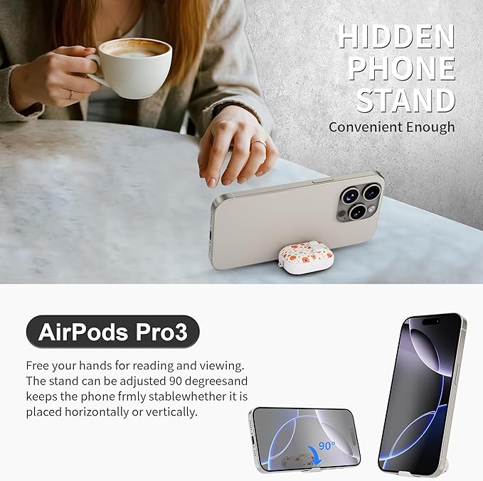 for AirPods Pro 3 Case(2025) with Secure Lock Clip and Phone Stand,Floral Girly Style Protective Cover with Cleaning Kit and Hand Strap for Apple AirPod Pro 3 Generation (Maple Leaf Petals)