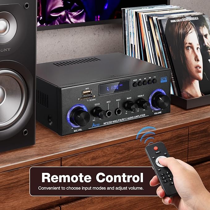 Facmogu AK-50 Bluetooth Stereo Audio Amplifier, RMS 50Wx2 HiFi Sound Stereo Amp Receiver, Remote Control Sound System w/, MP3,USB,SD,AUX, Bass Treble Control for Home Audio, Party, Karaoke, Garages