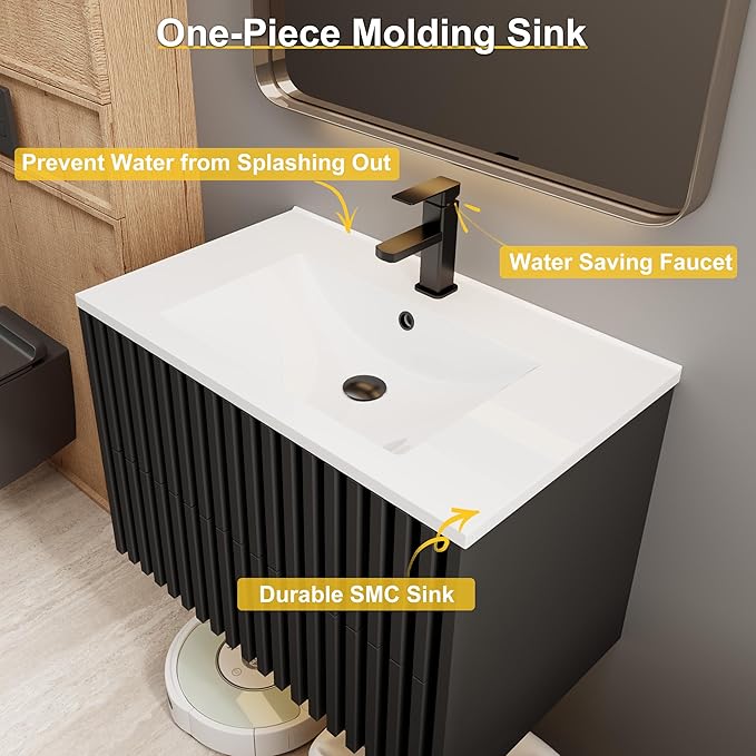 eclife 30" Floating Bathroom Vanity with Sink Combo, Modern Wall Mounted Cabinet with 2 Fluted Drawers, Undermount Sink, Faucet, Drain, Black