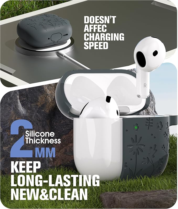 Seltureone Compatible with AirPods 4 Case Cute with Cherry Blossom Keychain and Cleaning Kit, Soft Silicone Shockproof Flower Engraved Cover Compatible with AirPod 4 Case Cover - Dark Gray