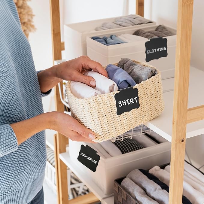 50 Pcs Reusable Storage Bin Labels - Clip On Closet & Basket Holder with 4 White Chalk Labels