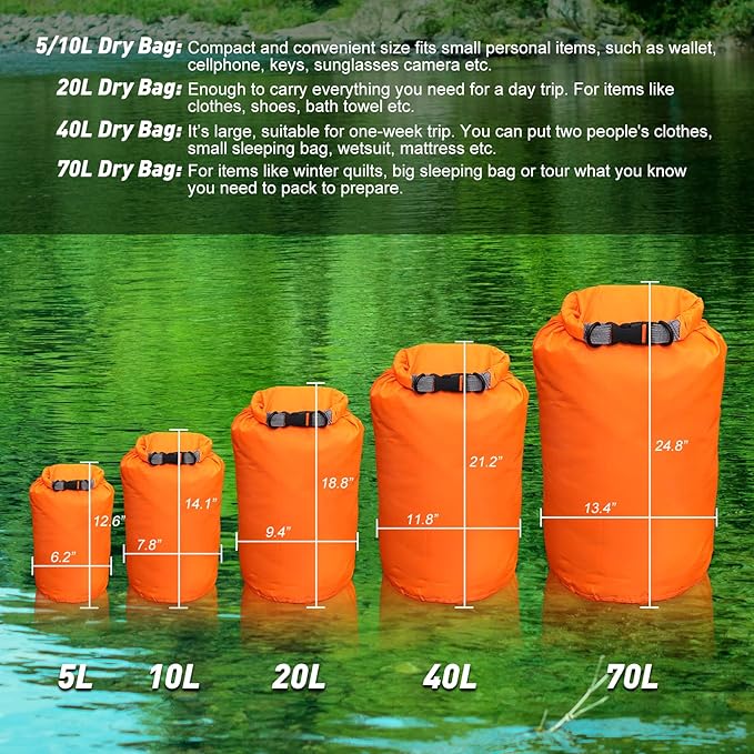 R2Depot Waterproof Dry Bag, 5L/10L/20L/40L/70L Dry Storage Bag for Kayaking, Gym, Hiking, Swimming (Green, 40L)