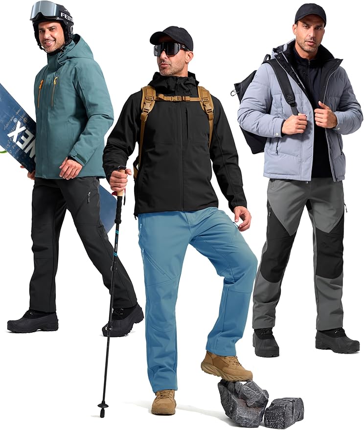 FREE SOLDIER Men's Fleece Lined Outdoor Cargo Hiking Pants Water Repellent Softshell Snow Ski Pants with Zipper Pockets