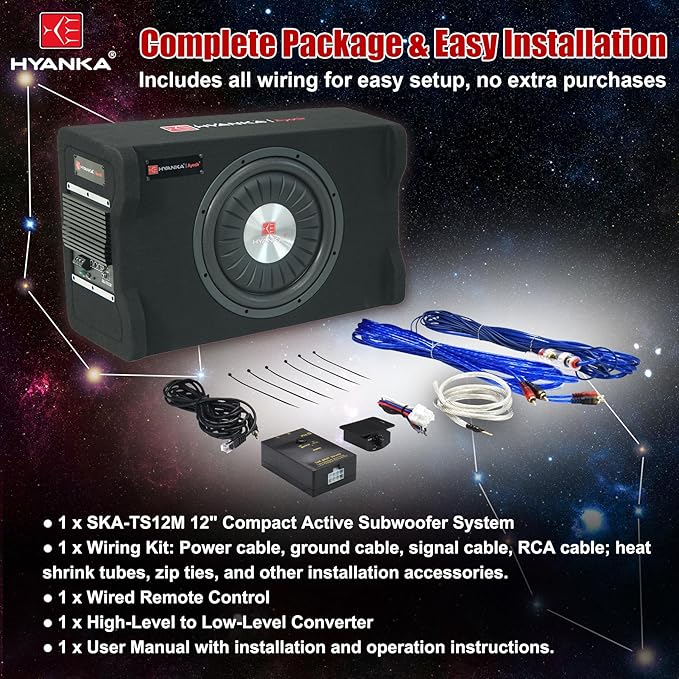 H YANKA SKA-TS12M 12" Compact Active Subwoofer System, 1200W Car Audio Bass Subwoofer, 300W RMS SUB with Built-in Amplifier, Easy Installation, Powerful Deep Bass for Car Trunk