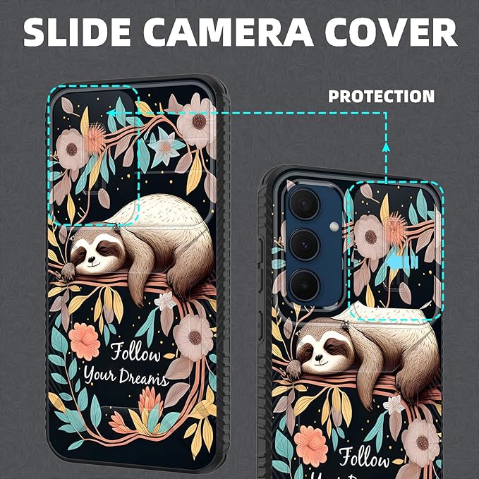 for Galaxy A35 5G Case Built in Slide Camera Lens Cover,Heavy Duty Shockproof Protection Dual Layer Case for Samsung Galaxy A35 5G 6.6 inch 2024,Cute Baby Sloth On The Tree