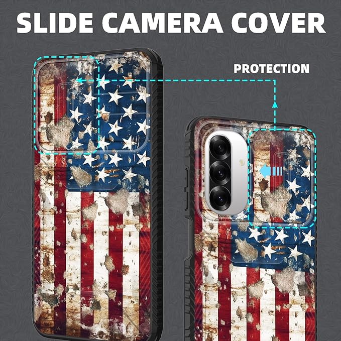 for Galaxy A26 5G Case Built in Slide Camera Lens Cover,Heavy Duty Shockproof Protection Dual Layer Case for Samsung Galaxy A26 5G 6.7" 2025,Rustic American Flag