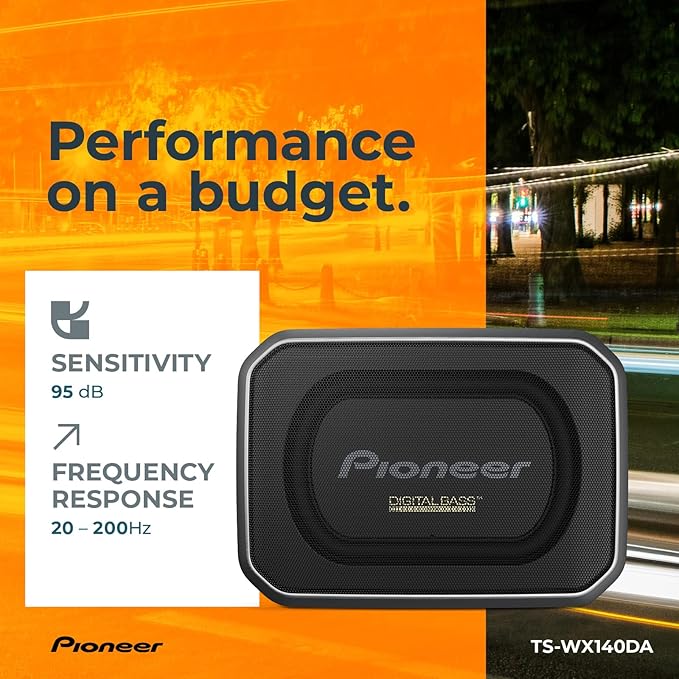 Pioneer TS-WX140DA 8” x 5-1/4” Compact Active Subwoofer with Built in Amplifier, 170 Watts Max Power, EV Optimized Sub, 3 Listening Modes – Deep, Dynamic and Natural for Enhanced Car Audio