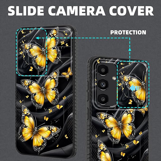 for Galaxy S26 Case Built in Slide Camera Lens Cover,Heavy Duty Shockproof Protection Dual Layer Case for Samsung Galaxy S26 6.3" 2026,Yellow Butterfly