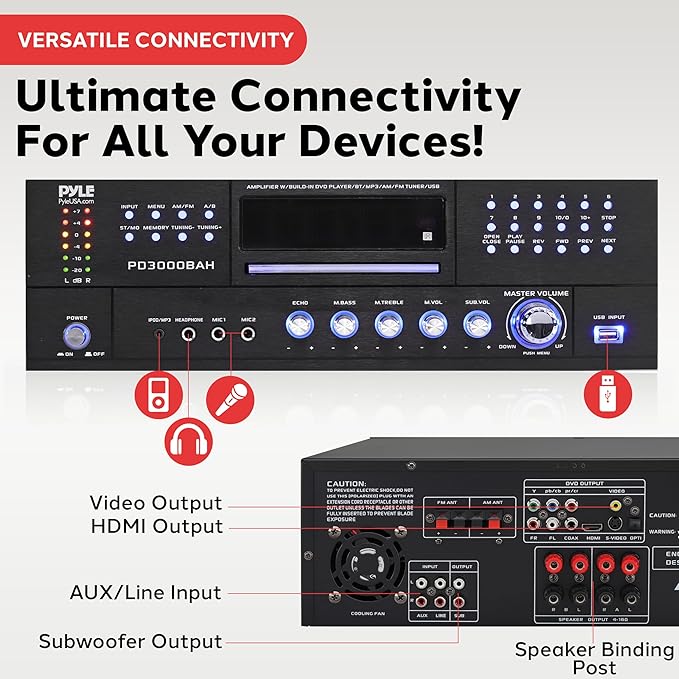 Pyle 3000W 4-Channel Wireless Bluetooth Amplifier - Stereo Home Audio Receiver with Front CD/DVD Player, FM Radio, Hi Def Input,Aux,RCA,USB,2 Mic Inputs w/Echo, Subwoofer Out - Rack Mount