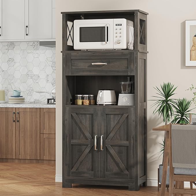 Semoic 55" Farmhouse Kitchen Pantry Cabinet, 5-Tier Pantry Storage Cabinet with 2 Barn Doors and Drawer, Tall Sideboard Buffet Cupboards Storage Shelf for Home Office Use (Brown 12" D x 24" W x 55" H)