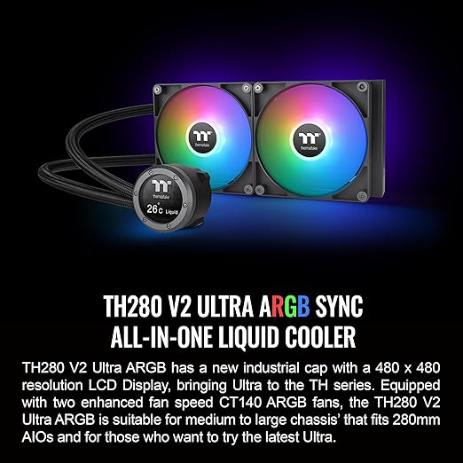 Thermaltake TH280 V2 Ultra ARGB Sync/AlO Liquid Cooler/ARGB Fan 140 * 2/PWM 500~1800rpm/Water Block 2.1" LCD/Black, CL-W385-PL14SW-A