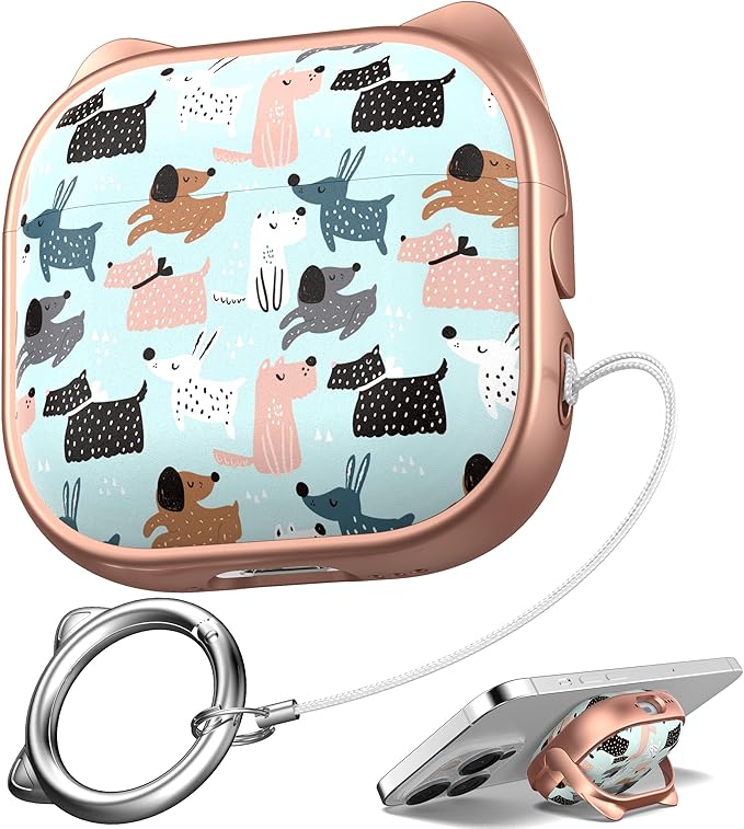 for AirPods 4 Case with Cleaning Kit, Cute Cat Ear Print Design & Cute Buckle, Inverted Phone Holder Design, Top Safe Lock Buckle Design, for Girls AirPods 4 case 2024, Rose Gold Animal