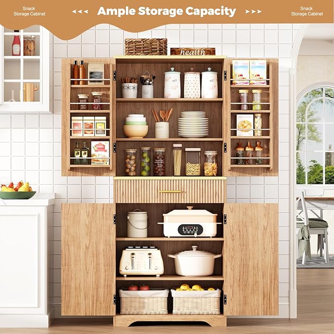 Fluted Pantry Cabinet, 71" Tall Modern Storage Cabinet with 4 Doors, Organizer, Drawer and 8 Door Shelves, Wood Cupboard for Kitchen, Dining Room, Living Room and Bathroom, Natural Oak