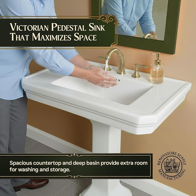 Renovators Supply Victorian 32" W Large Pedestal Bathroom Sink – Heavy-Duty White Porcelain, Pre-Drilled Widespread Faucet Holes, and Overflow