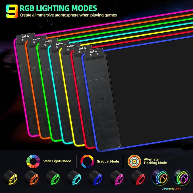 Mouse Pad with Wireless Charging, RGB Gaming Mousepad, Large Desk Mat with Ultra-Smooth Surface, Non-Slip Mouse Mat, Waterproof Computer Keyboard Pad with 18W QC Power Adapter, 800x400x4MM, Black