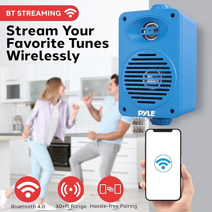 Pyle Wireless Bluetooth Speaker System, 3.5" 2-Way Indoor Outdoor Waterproof Speakers with Polymer Tweeter, Heavy Duty ABS, Quick Connect Terminals, Perfect for Deck, Patio, Poolside, Boats (Blue)