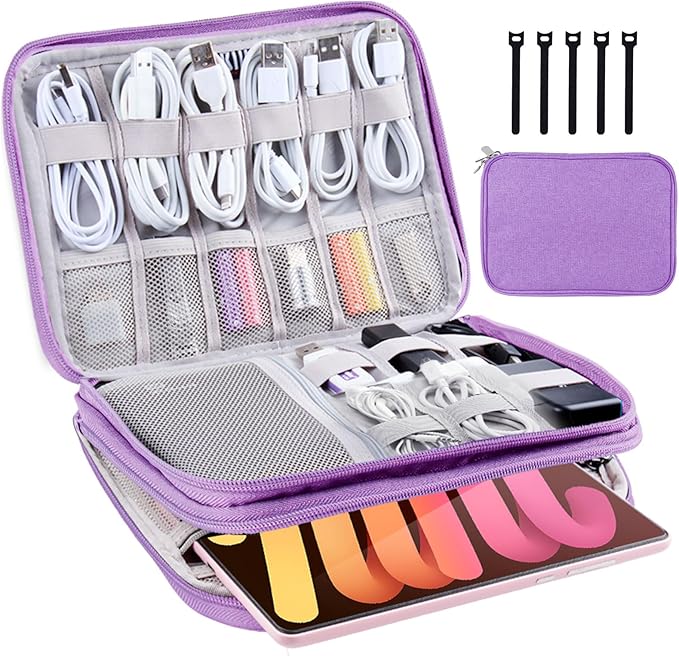 Electronics Organizer - Travel Cable Organizer Bag, Water Resistant Double Layers Pouch for Cord, iPhone, iPad Mini - Gift for Men Electronic Accessories Storage Case with 5 Cable Ties, Purple