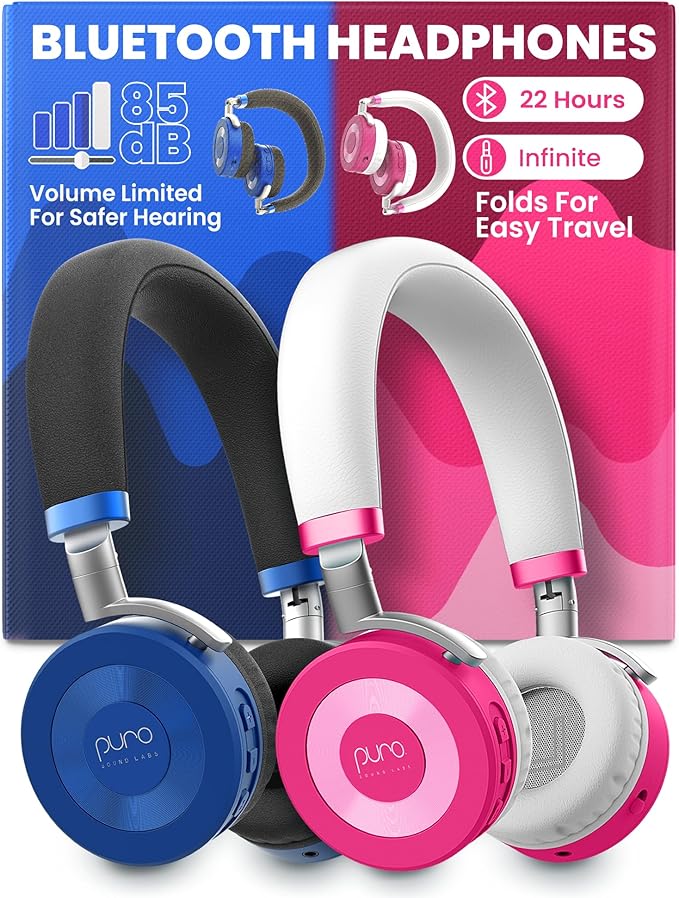 Puro Sound Labs Bluetooth Headphones for Kids - Volume-Limited, Adjustable On-Ear Design, 22-Hour Battery Life - Wireless Headphones for Tablets, Smartphones & PCs – JuniorJam Plus, Blue & Pink