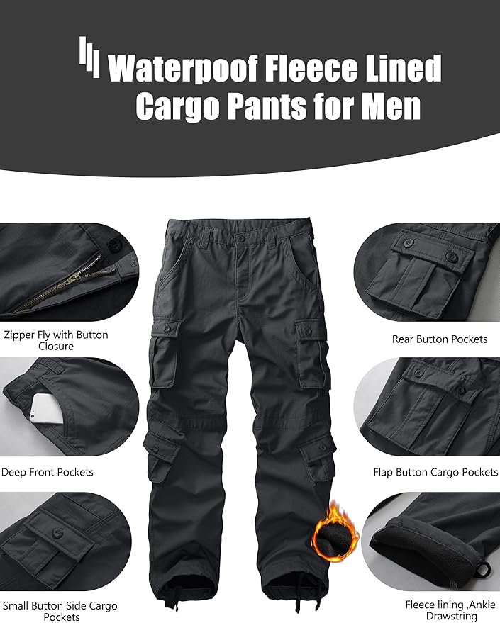 KOCTHOMY Men’s Fleece Lined Hiking Pants,Winter Outdoor Thermal Casual Work Cargo Pants with Multi Pockets, No Belt.