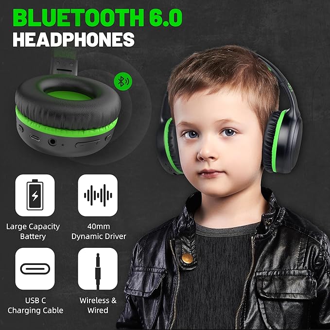 U2B Active Noise Canceling Wired & Wireless Bluetooth 6.0 Headphones with Microphone, Foldable Lightweight Head Phones with Volume Control‌ for Kids Adult School Black Green