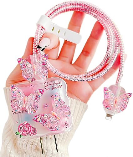 Cute Cable Protector for iPhone Charger,Kawaii 3D Colorful Butterfly Design Flower Pattern Data Line Cable USB Wire Saver Charger Protector,Wavy Shape Charging Cord Protector Cover for Women Girl-Pink