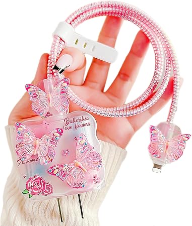 Cute Cable Protector for iPhone Charger,Kawaii 3D Colorful Butterfly Design Flower Pattern Data Line Cable USB Wire Saver Charger Protector,Wavy Shape Charging Cord Protector Cover for Women Girl-Pink