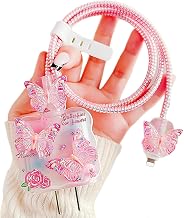 Cute Cable Protector for iPhone Charger,Kawaii 3D Colorful Butterfly Design Flower Pattern Data Line Cable USB Wire Saver Charger Protector,Wavy Shape Charging Cord Protector Cover for Women Girl-Pink
