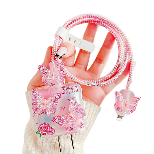 Cute Cable Protector for iPhone Charger,Kawaii 3D Colorful Butterfly Design Flower Pattern Data Line Cable USB Wire Saver Charger Protector,Wavy Shape Charging Cord Protector Cover for Women Girl-Pink