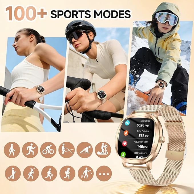 Smart Watch for Women, 1.72" Fitness Tracker with Answer/Make Calls, Sleep/Heart Rate Monitor, Smartwatch for Android iOS Support 100+ Sports Modes, IP68 Waterproof, Fitness Watch with 2 Band (Gold)