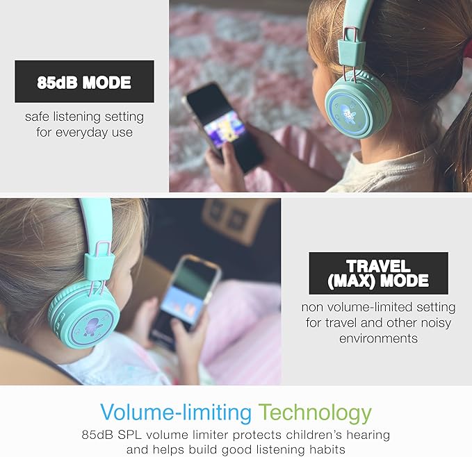 MEE Audio KidJamz KJ55BT Bluetooth Wireless Safe Listening Headphones for Children with LED Lights, 85dB Volume Limiter, Microphone, & 40h Battery; Kids Headset for School/iPhone/iPad/Tablet (Mint)