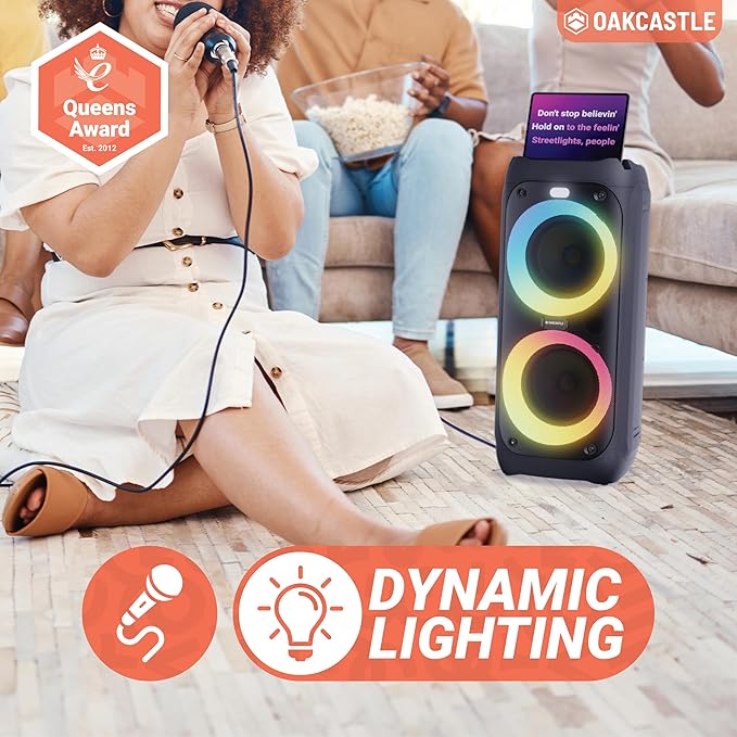 Portable Bluetooth Party Speaker | 80W Power & Rechargeable Battery up to 5H | Big Bluetooth Speaker 2.0 with Wired Microphone | Karaoke Mode, Party LED Lights & EQ Control | Oakcastle PS200