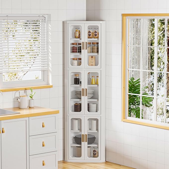 VECELO 3-Tier Tall Corner Cabinet with Doors & Adjustable Shelves, Waterproof & Dustproof, Easy to Clean, Anti-tip, Space Saving, Corner Storage Cabinet for Kitchen, Living Room, Bathroom, White