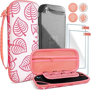 TIKOdirect Carrying Case for Switch 2, Shockproof Portable Travel Bag with Glitter Galaxy case, Screen Protectors and Cute Leaf Thumb Grips Caps, Pink Kit - Image 1