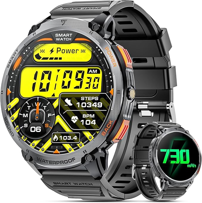 Military Smart Watches for Men, 1.85" HD Large Screen Smart Watch, Flashlight/730mAh/110+ Sports Modes Fitness Tracker Watch, Waterproof Mens Smart Watch for Android Phones iPhone Compatible