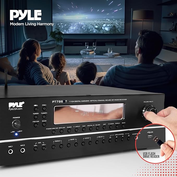 Pyle 7.1-Channel Hi-Fi Bluetooth Stereo Amplifier - 2000 Watt AV Home Theater Speaker Subwoofer Surround Sound Receiver w/ Radio, USB, RCA, HDMI, MIC IN, Supports 4K HD TV's, 3D - Pyle PT796BT