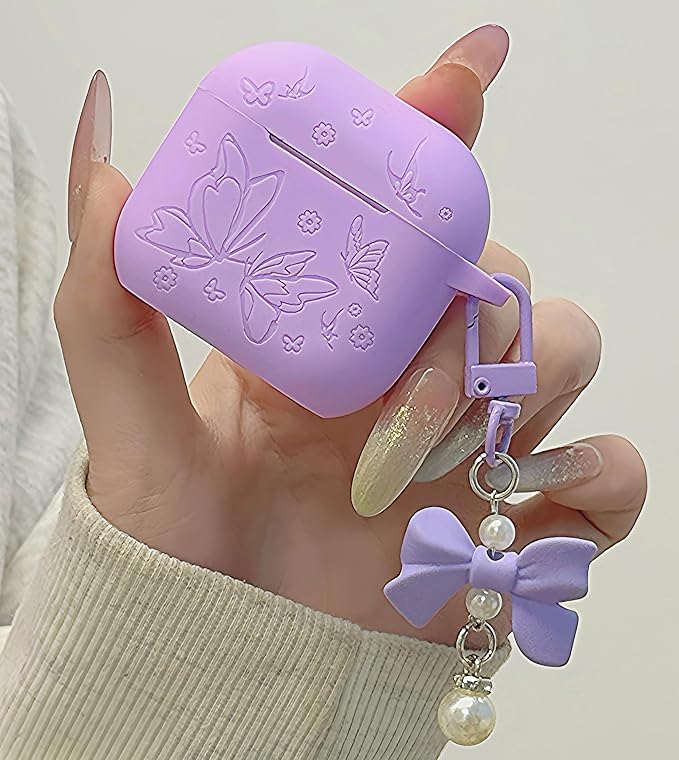 for Airpods 4 Case Cover with Bow Keychain, DamonLight Cute Flower Floral Engraved Silicone Protective Case Cover Compatible with Apple Airpods 4 Case 2024 for Women and Girls, Purple