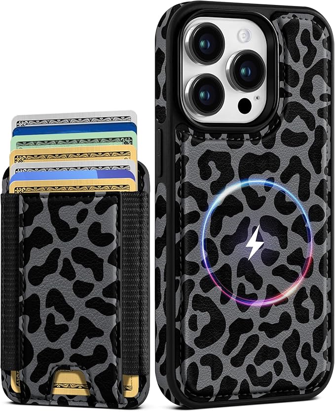 Shorogyt for iPhone 15 Pro Max Case Wallet - Fits 5 Cards, Compatible with Magsafe Detachable Magnetic Credit Card Holder Leather Cardholder Cute Phone Cover Women Girls for Apple 15 ProMax, Leopard