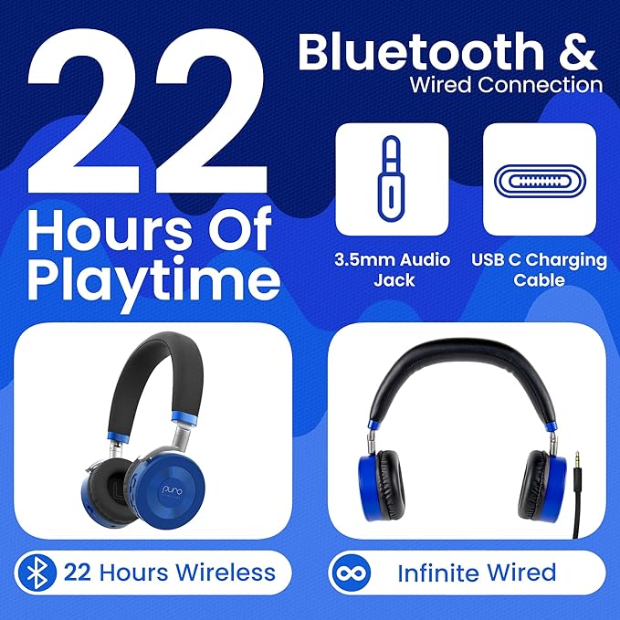 Puro Sound Labs JuniorJam Plus Volume-Limiting Wireless Bluetooth Headphones for Kids, Secure Audio with Adjustable On-Ear Design, 22-Hour Battery Life, Ideal for Tablets, Smartphones & PCs - Blue